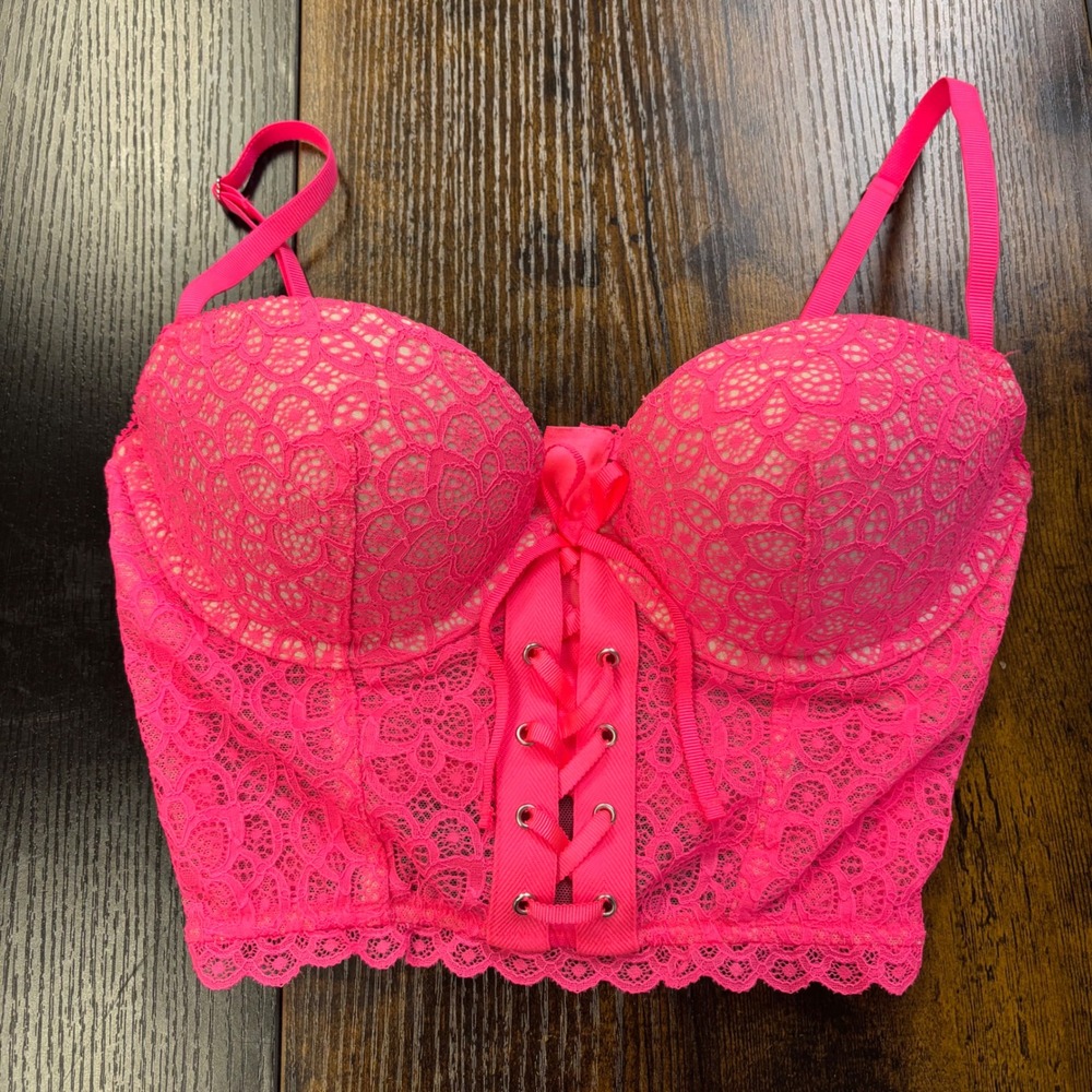 Victorias Secret Neon Pink Lace Bustier Sexy Padded Demi Bra Top 34C Zip Back